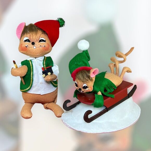 Annalee 2011 Sledding Fun & 2007 Workshop Mouse 9” Christmas Dolls Paint Brush - Picture 1 of 16